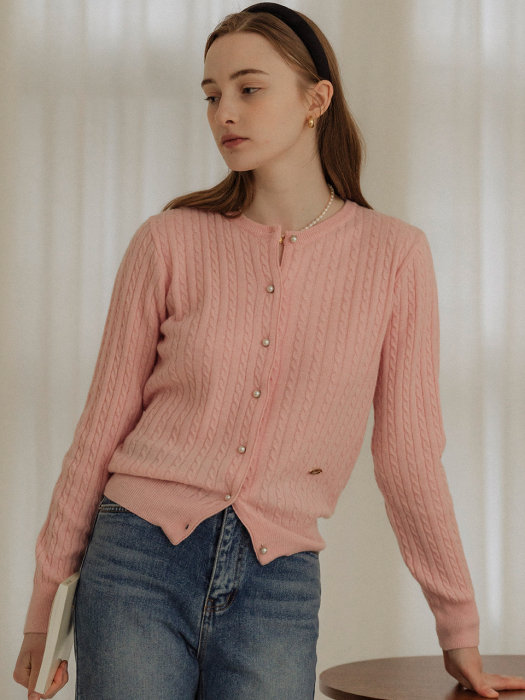 [TILLIDIE] Cashmere pearl button cable cardigan(Pink)