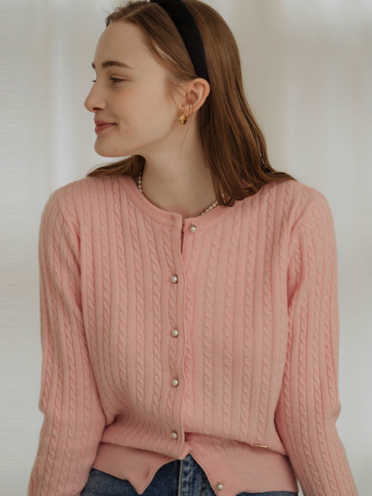 [TILLIDIE] Cashmere pearl button cable cardigan(Pink)
