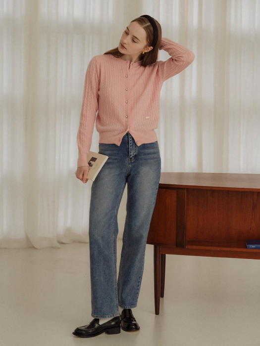 [TILLIDIE] Cashmere pearl button cable cardigan(Pink)