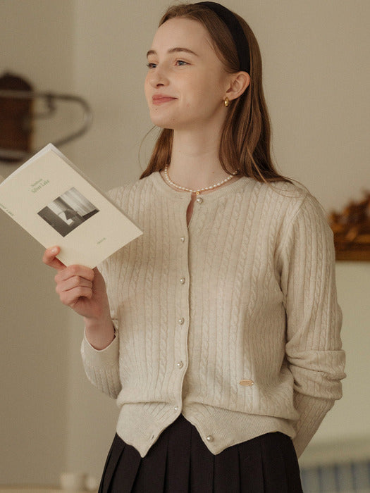 [TILLIDIE] Cashmere pearl button cable cardigan_Oatmeal