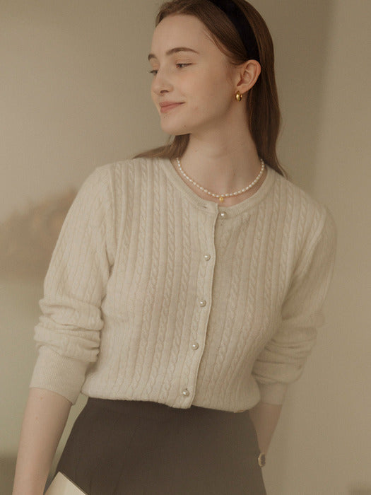 [TILLIDIE] Cashmere pearl button cable cardigan_Oatmeal