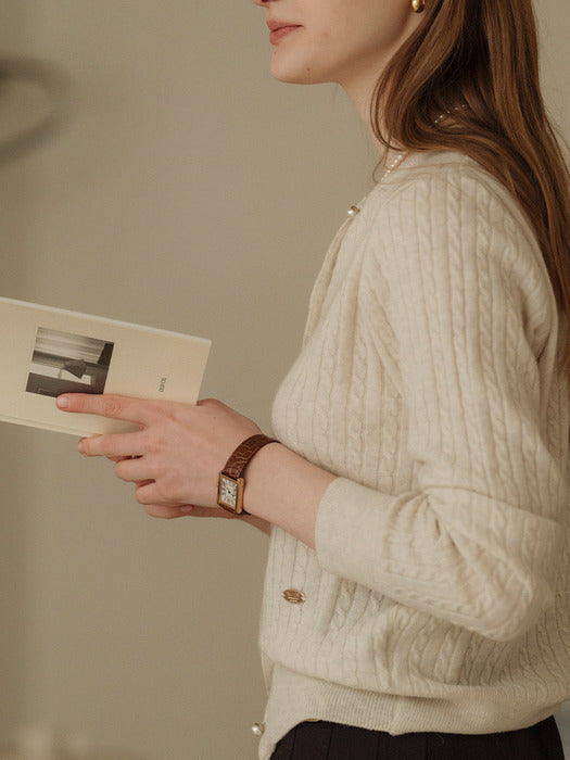 [TILLIDIE] Cashmere pearl button cable cardigan_Oatmeal
