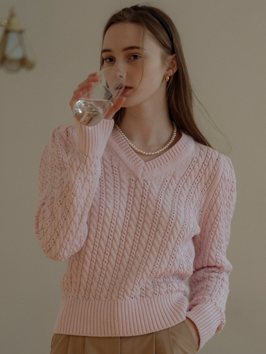 [TILLIDIE] V-neck shirring cable knit(Baby pink)