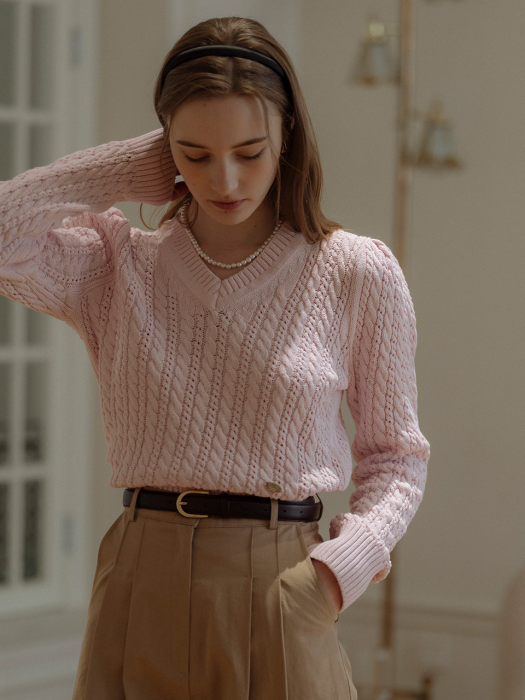 [TILLIDIE] V-neck shirring cable knit(Baby pink)