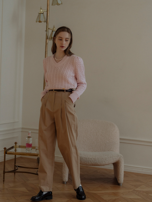 [TILLIDIE] V-neck shirring cable knit(Baby pink)