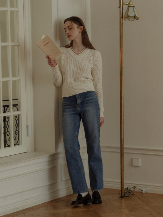 [TILLIDIE] V-neck shirring cable knit(Ivory)