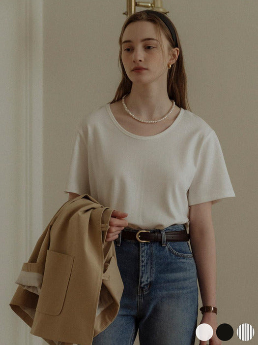 [TILLIDIE] U-Neck natural cotton T-shirt[3color]