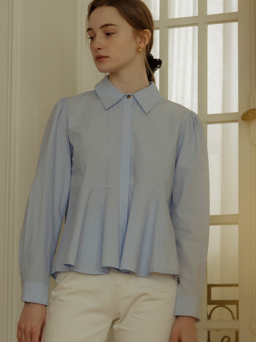 [TILLIDIE] Gold button point flare blouse(Skyblue)