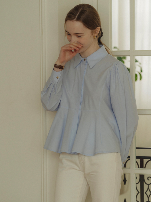 [TILLIDIE] Gold button point flare blouse(Skyblue)