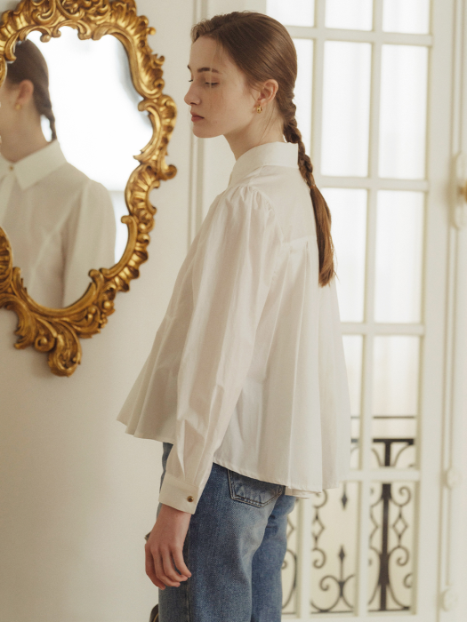 [TILLIDIE] Gold button point flare blouse(White)