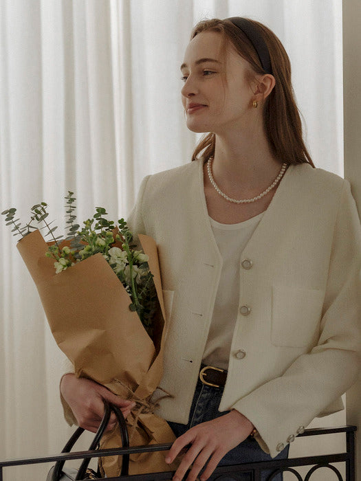 [TILLIDIE] Collarless ourora tweed jacket_Cream