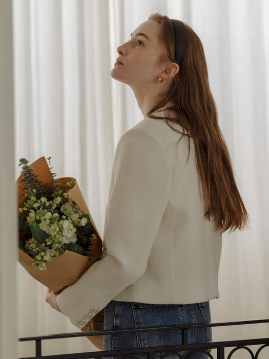 [TILLIDIE] Collarless ourora tweed jacket_Cream