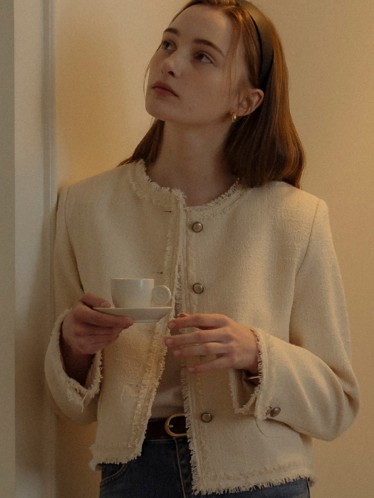 [TILLIDIE] Tassel lace point tweed jacket(Ivory)