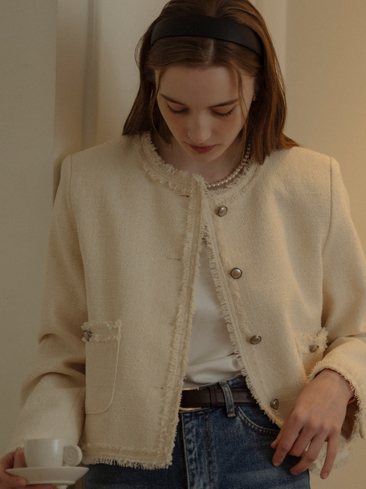 [TILLIDIE] Tassel lace point tweed jacket(Ivory)