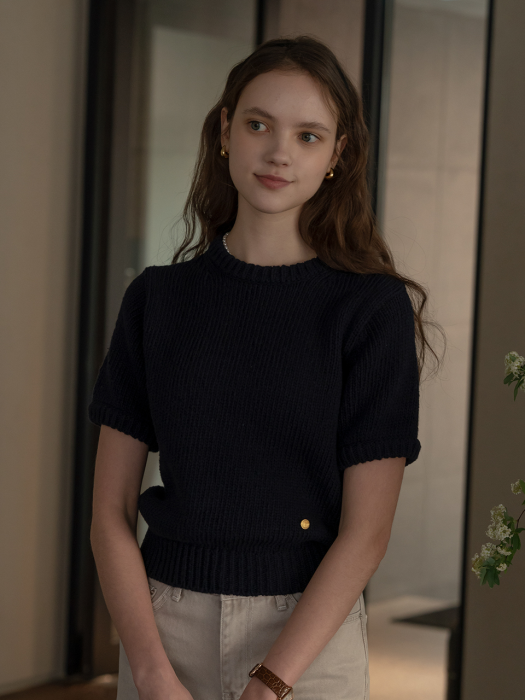 [TILLIDIE] Round neck cotton knit(Navy)