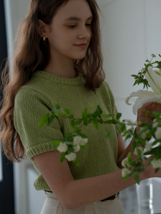 [TILLIDIE] Round neck cotton knit(Olive)