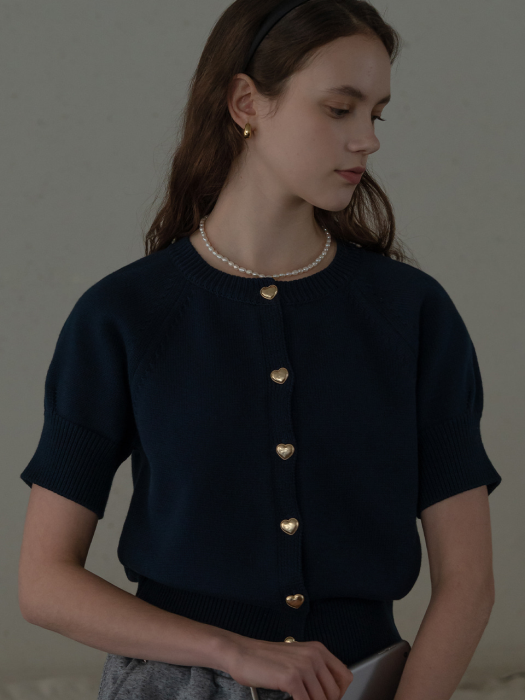 [TILLIDIE] Heart button half sleeve cardigan(Navy)