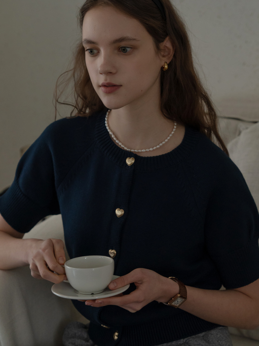 [TILLIDIE] Heart button half sleeve cardigan(Navy)
