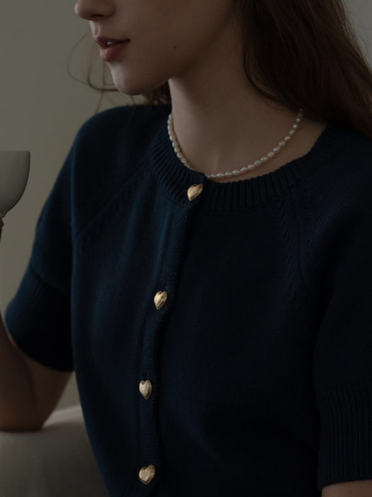 [TILLIDIE] Heart button half sleeve cardigan(Navy)