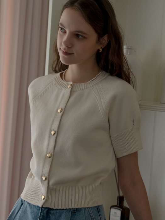 [TILLIDIE] Heart button half sleeve cardigan(Ivory)