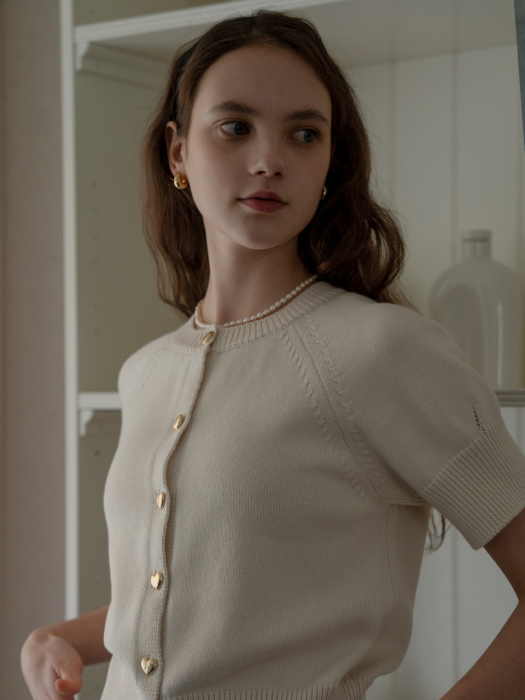[TILLIDIE] Heart button half sleeve cardigan(Ivory)