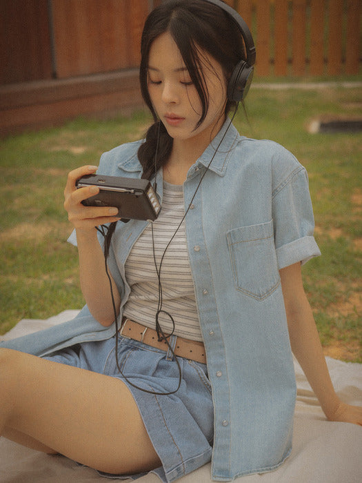 [TILLIDIE] Denim button point half shirt(Light blue)