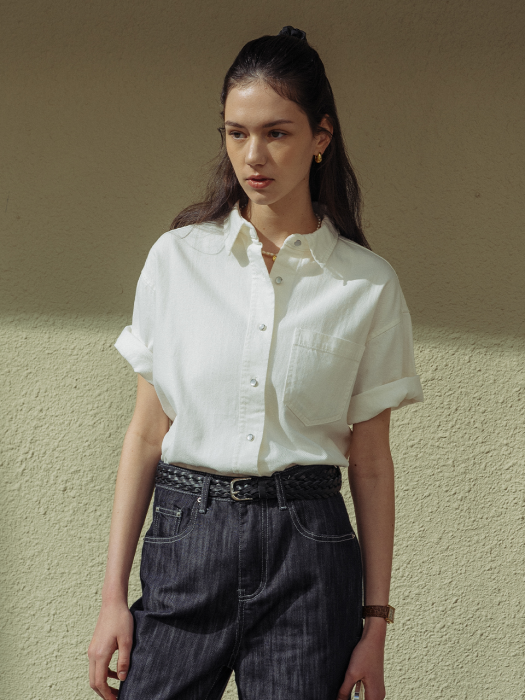 [TILLIDIE] Denim button point half shirt(Ivory)
