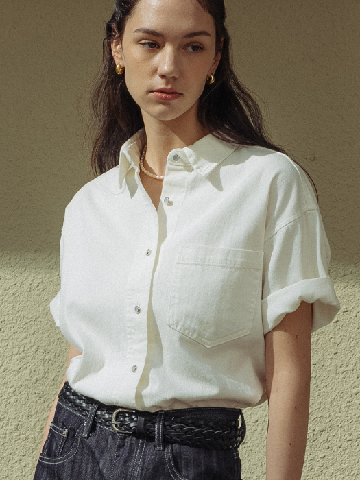 [TILLIDIE] Denim button point half shirt(Ivory)