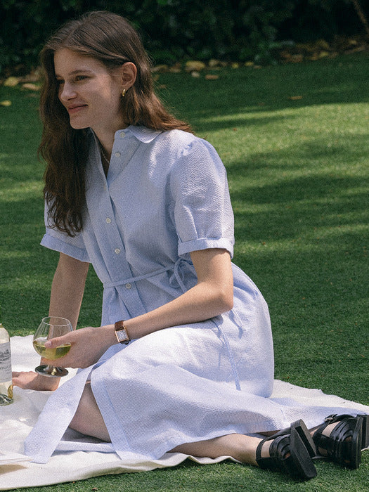 [TILLIDIE] Stripe seersucker dress_Blue