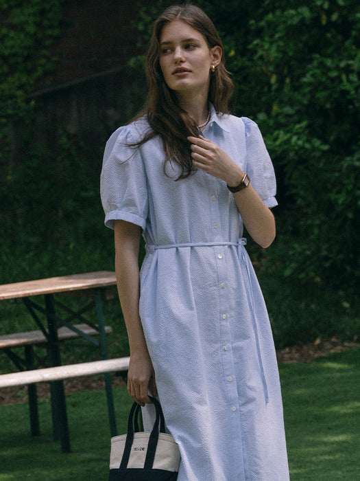 [TILLIDIE] Stripe seersucker dress_Blue