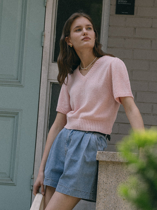 [TILLIDIE] Candyfloss shirring v-neck knit(Pink)