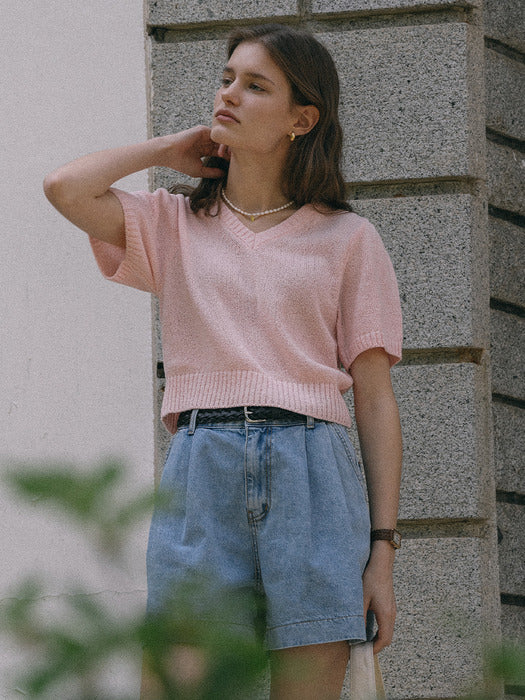 [TILLIDIE] Candyfloss shirring v-neck knit(Pink)