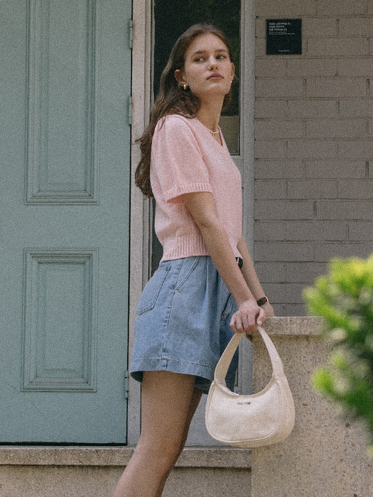 [TILLIDIE] Candyfloss shirring v-neck knit(Pink)