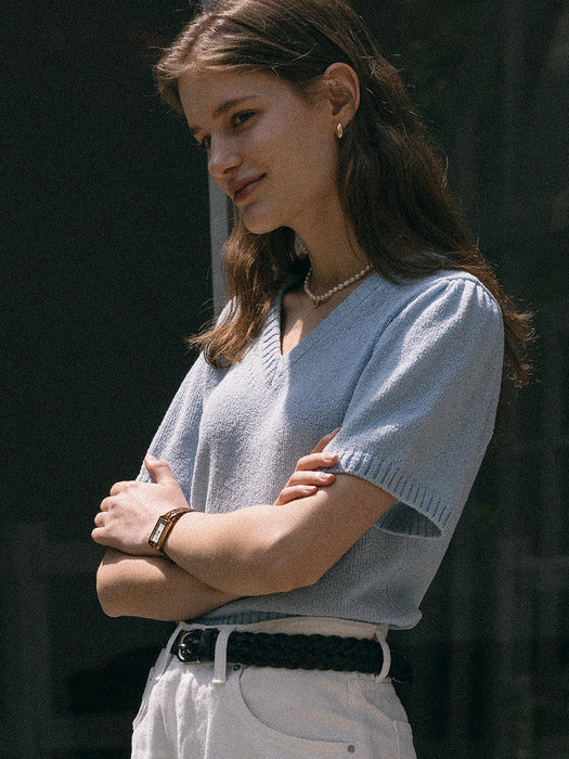 [TILLIDIE] Candyfloss shirring v-neck knit(Skyblue)