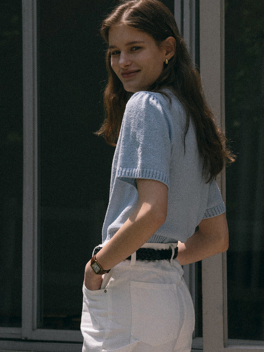 [TILLIDIE] Candyfloss shirring v-neck knit(Skyblue)