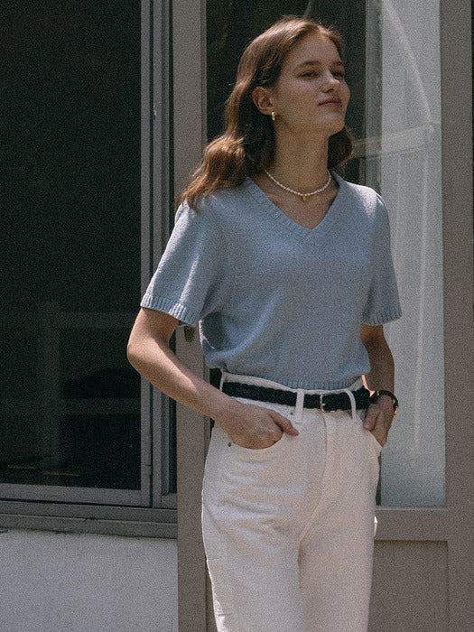 [TILLIDIE] Candyfloss shirring v-neck knit(Skyblue)