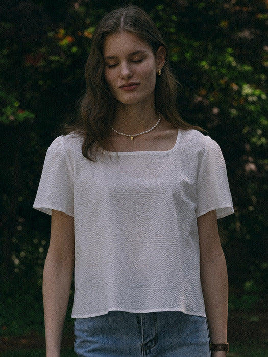 [TILLIDIE] Seersucker square neck blouse(White)