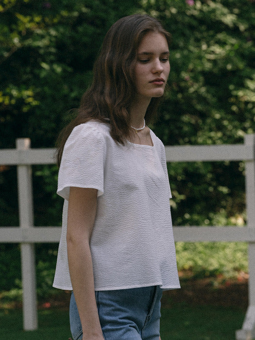 [TILLIDIE] Seersucker square neck blouse(White)