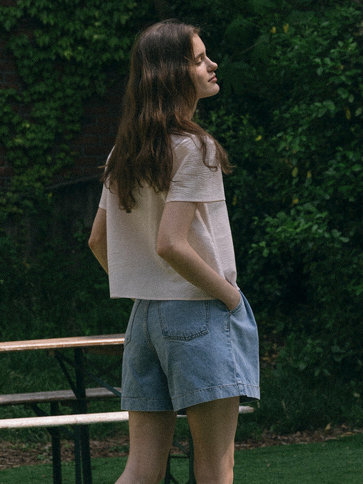 [TILLIDIE] Seersucker square neck blouse(Pink)