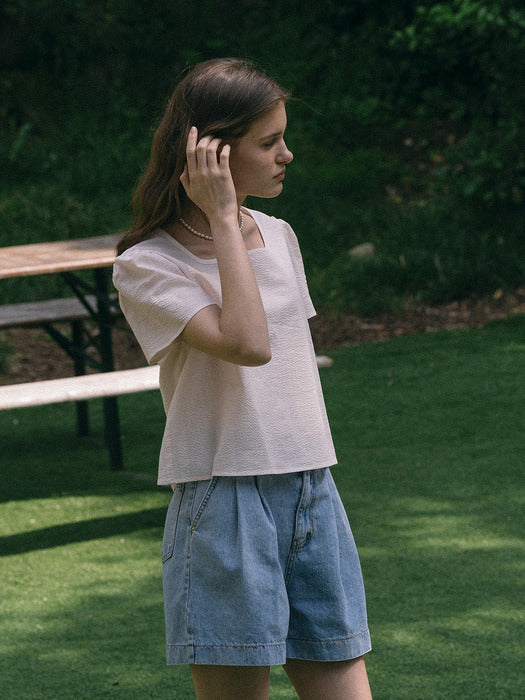 [TILLIDIE] Seersucker square neck blouse(Pink)
