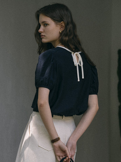 Witty Back ribbon blouse(Navy)
