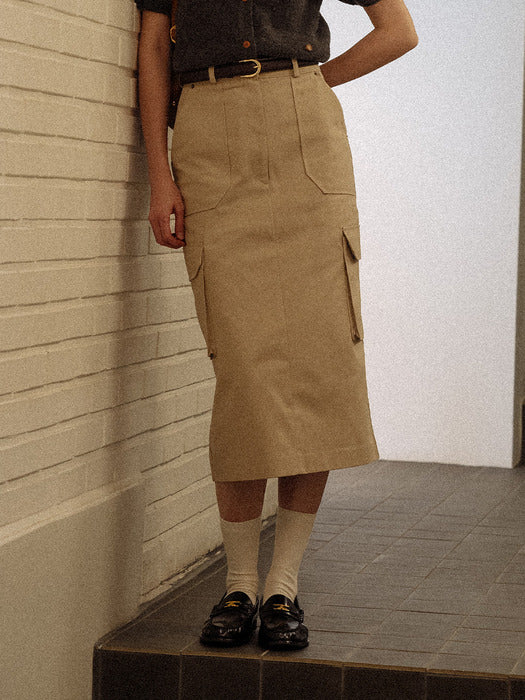 [TILLIDIE] H-line cargo skirt(Beige)