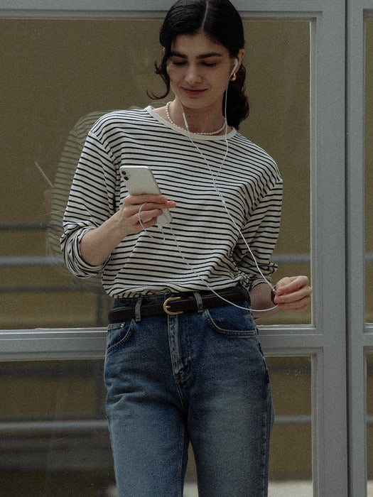 [TILLIDIE] Stripe soft touch T-shirt_Ivory