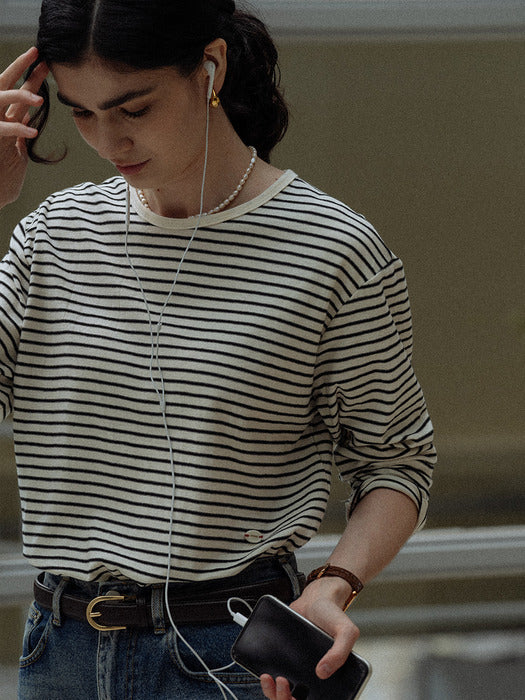 [TILLIDIE] Stripe soft touch T-shirt_Ivory