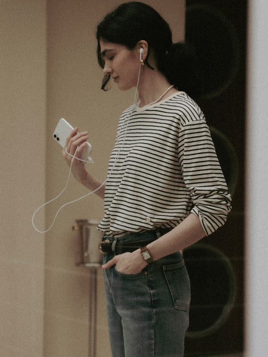 [TILLIDIE] Stripe soft touch T-shirt_Ivory