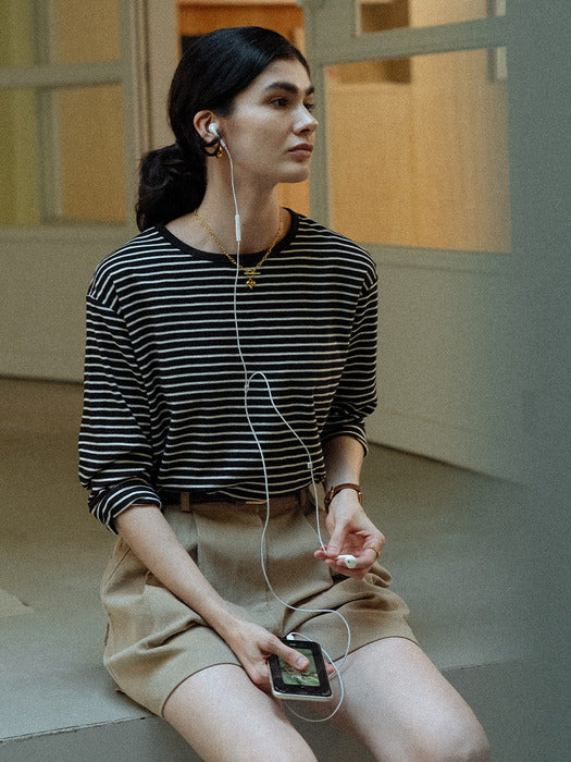 [TILLIDIE] Stripe soft touch T-shirt_Black