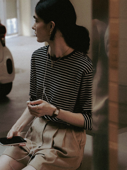 [TILLIDIE] Stripe soft touch T-shirt_Black