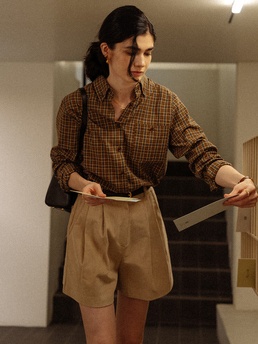 [TILLIDIE] Classic grid check shirt_Brown