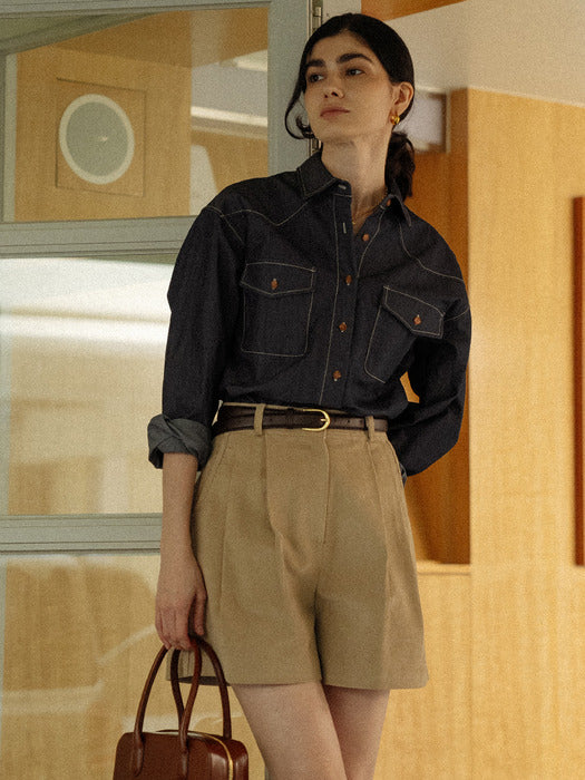 [TILLIDIE] Stitch two pocket western shirt_Blue