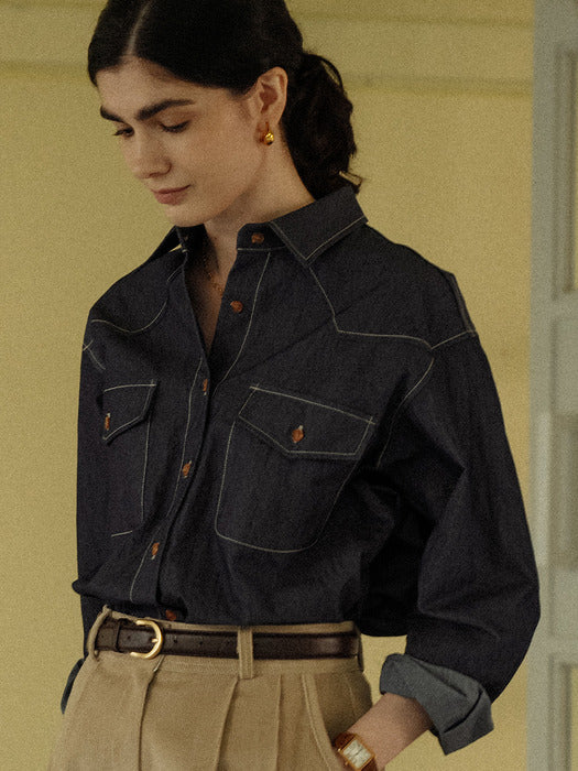 [TILLIDIE] Stitch two pocket western shirt_Blue